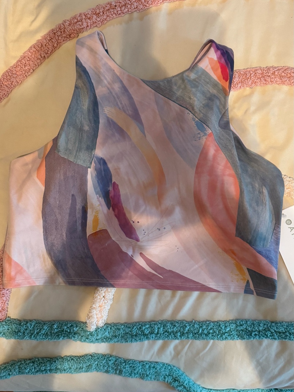 Athleta Abstract Watercolor Crop Top in Pink, Blue, Peach